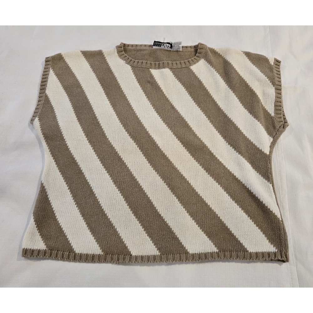 Russ Women's Cropped Sweater Cap Sleeves Tan White Diagonal Striped Solid Back M